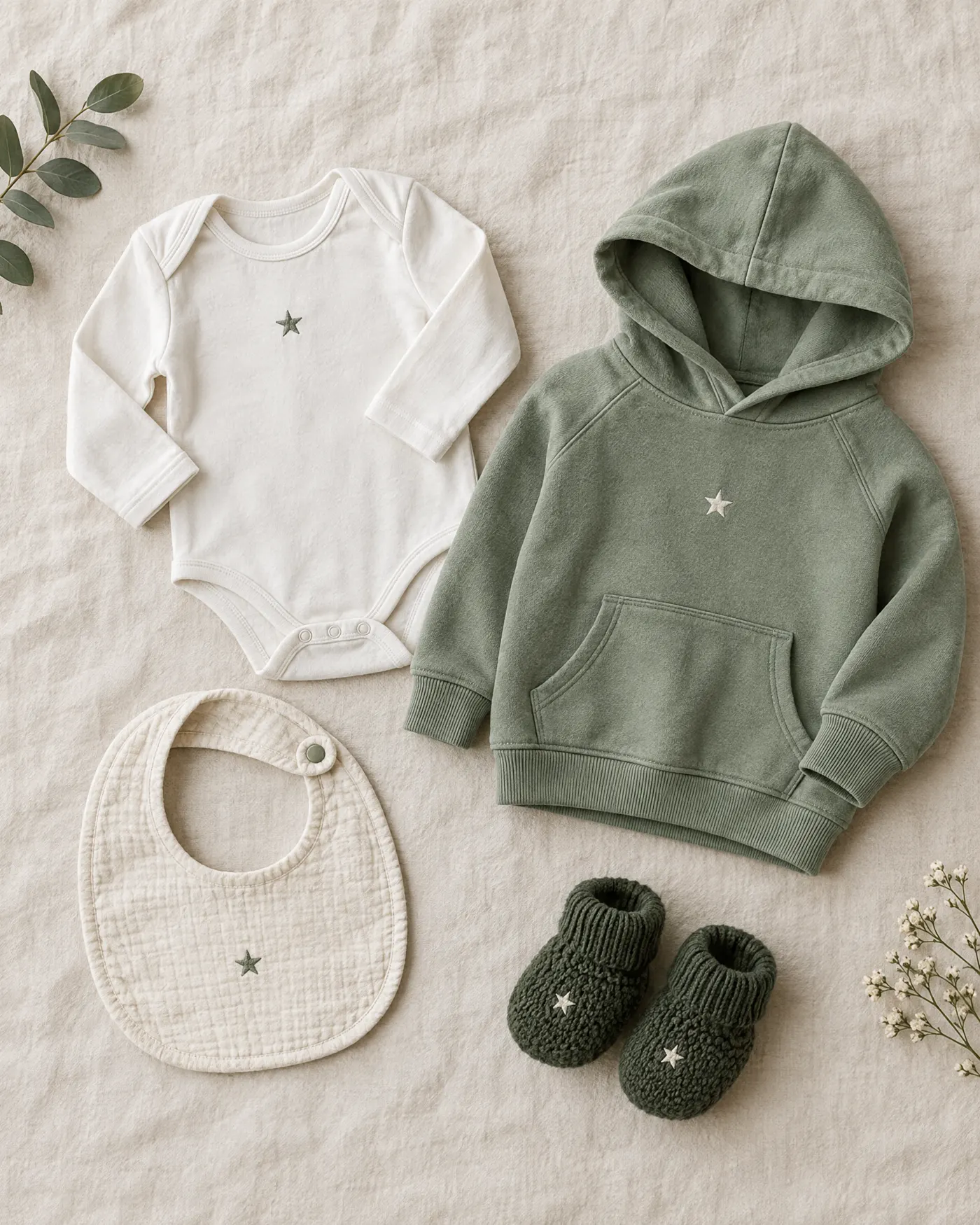 Baby bodysuit, hoodie, bib and booties laid out on linen