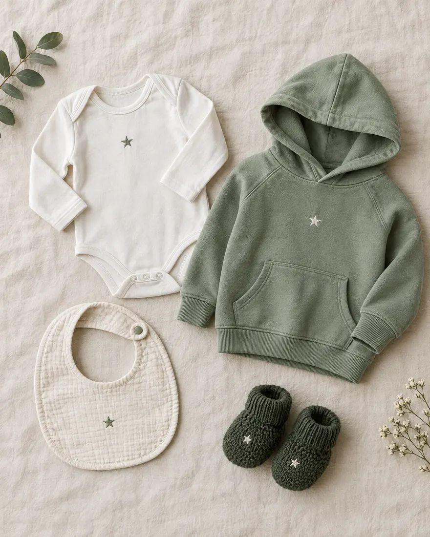 Baby bodysuit, hoodie, bib and booties laid out on linen