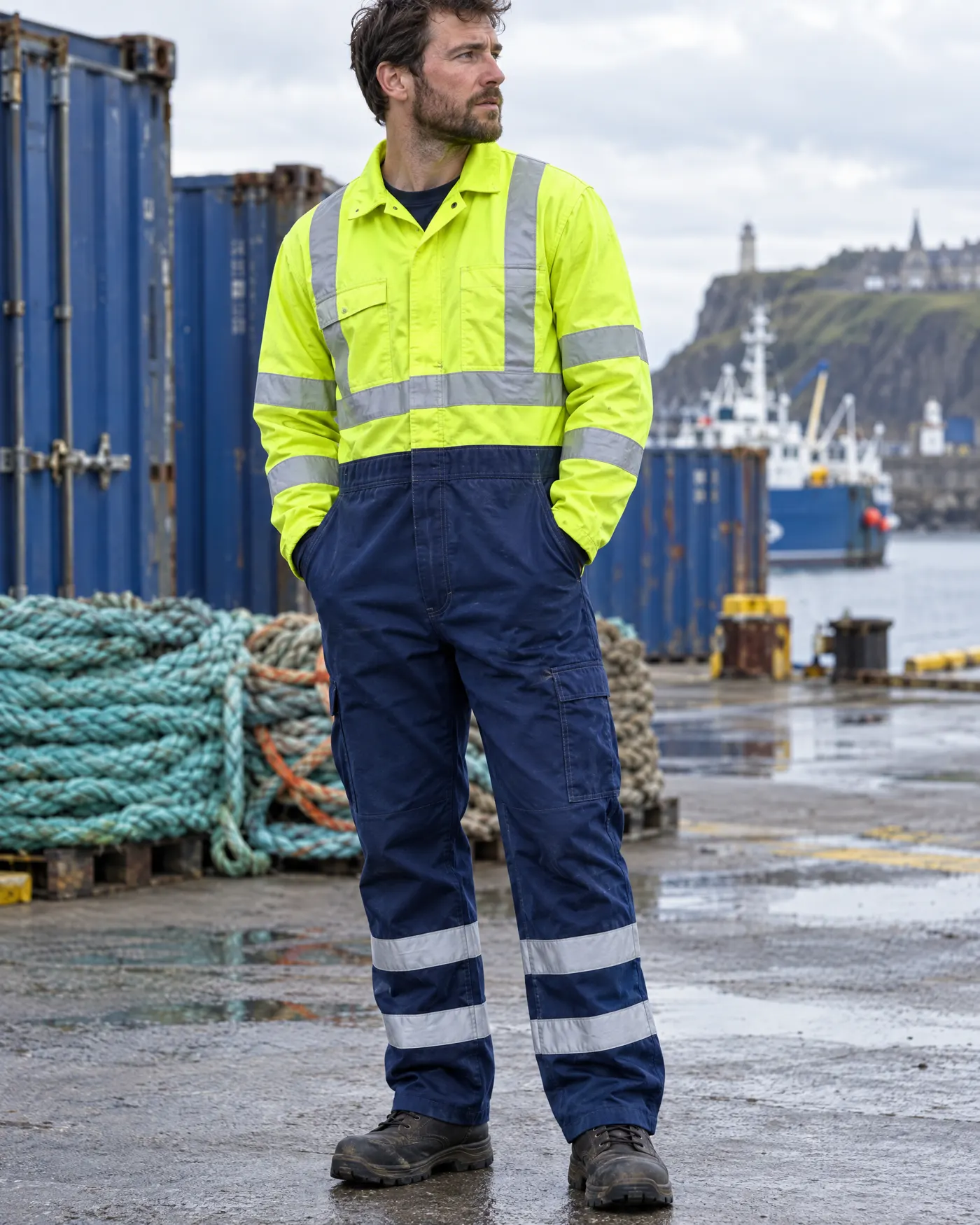 Worker in a two-tone hi-vis coverall in a harbour yard