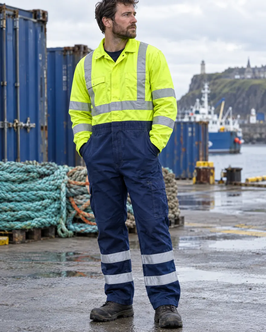 Worker in a two-tone hi-vis coverall in a harbour yard