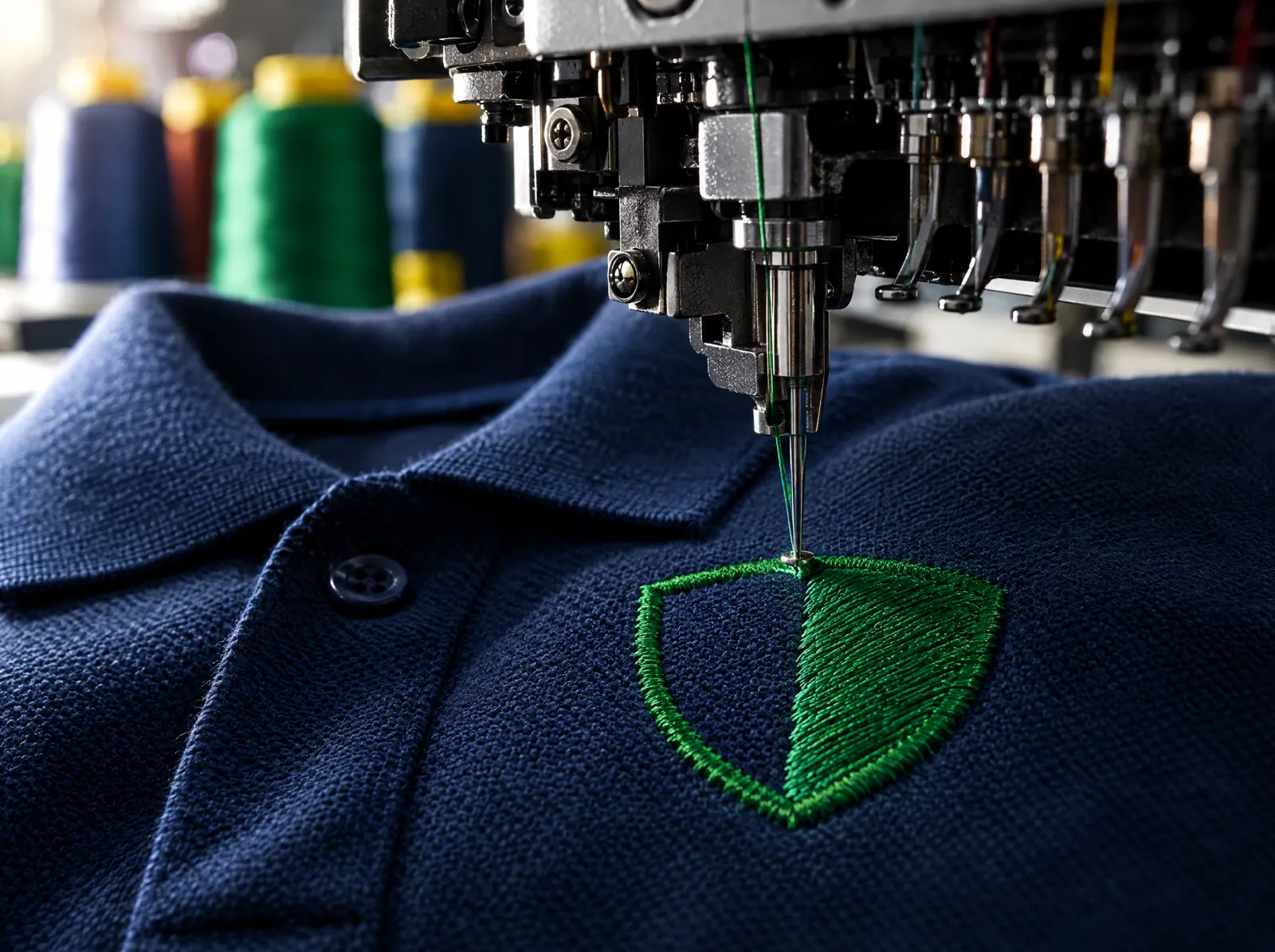 Embroidery machine stitching a green badge onto a navy polo shirt