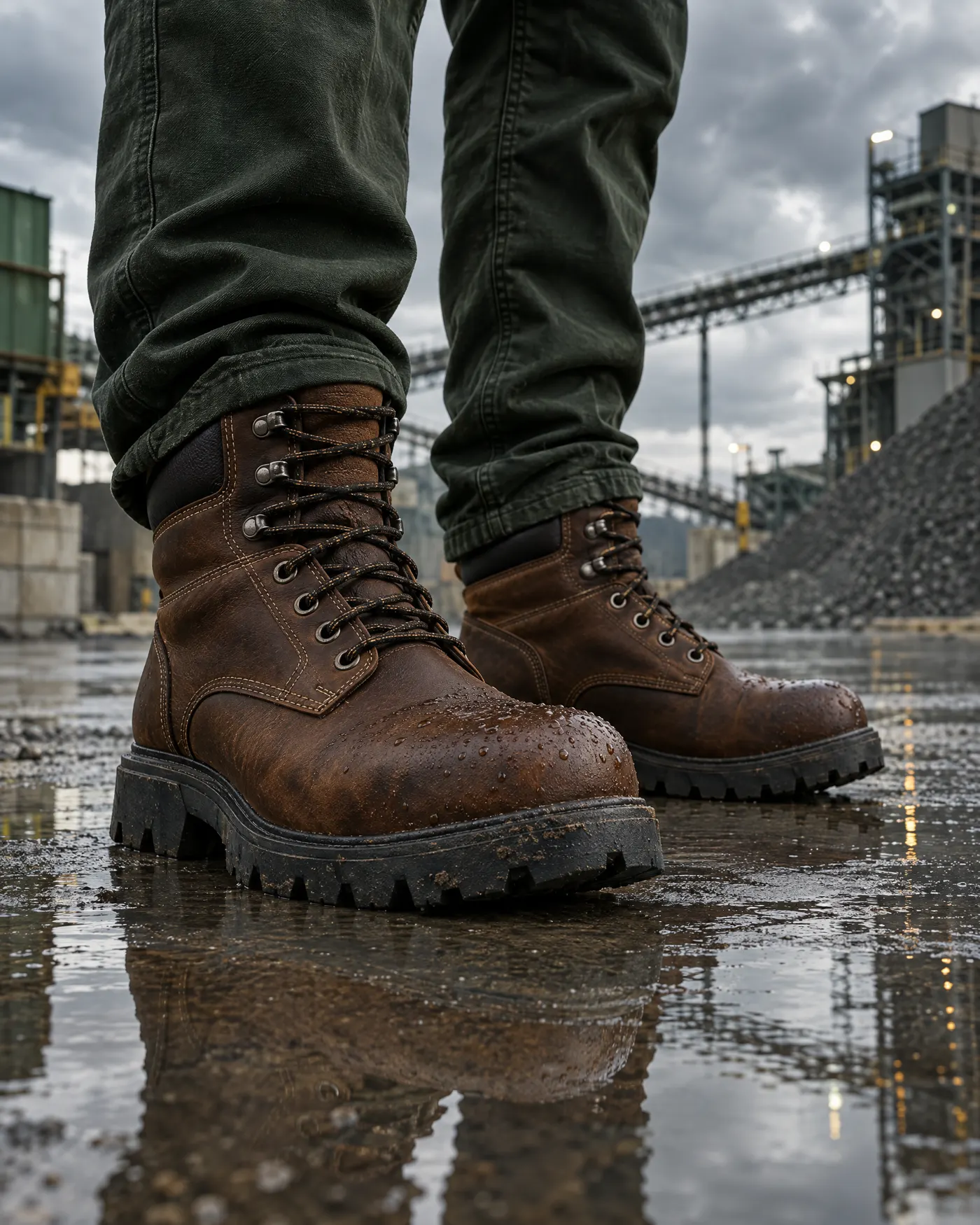 Brown leather safety boots standing on wet concrete at an industrial site