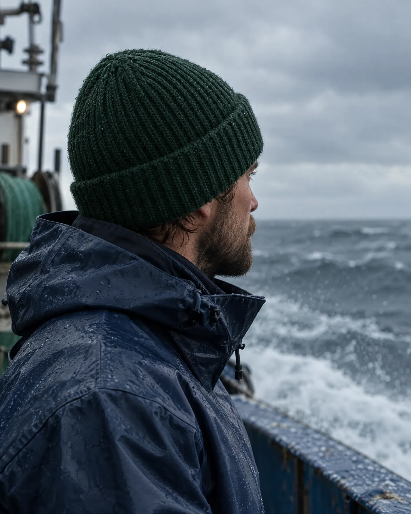 Person in a dark green beanie on the deck of a fishing boat
