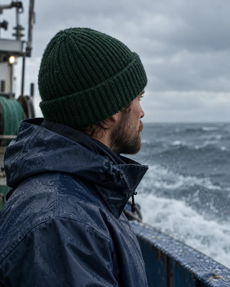 Person in a dark green beanie on the deck of a fishing boat