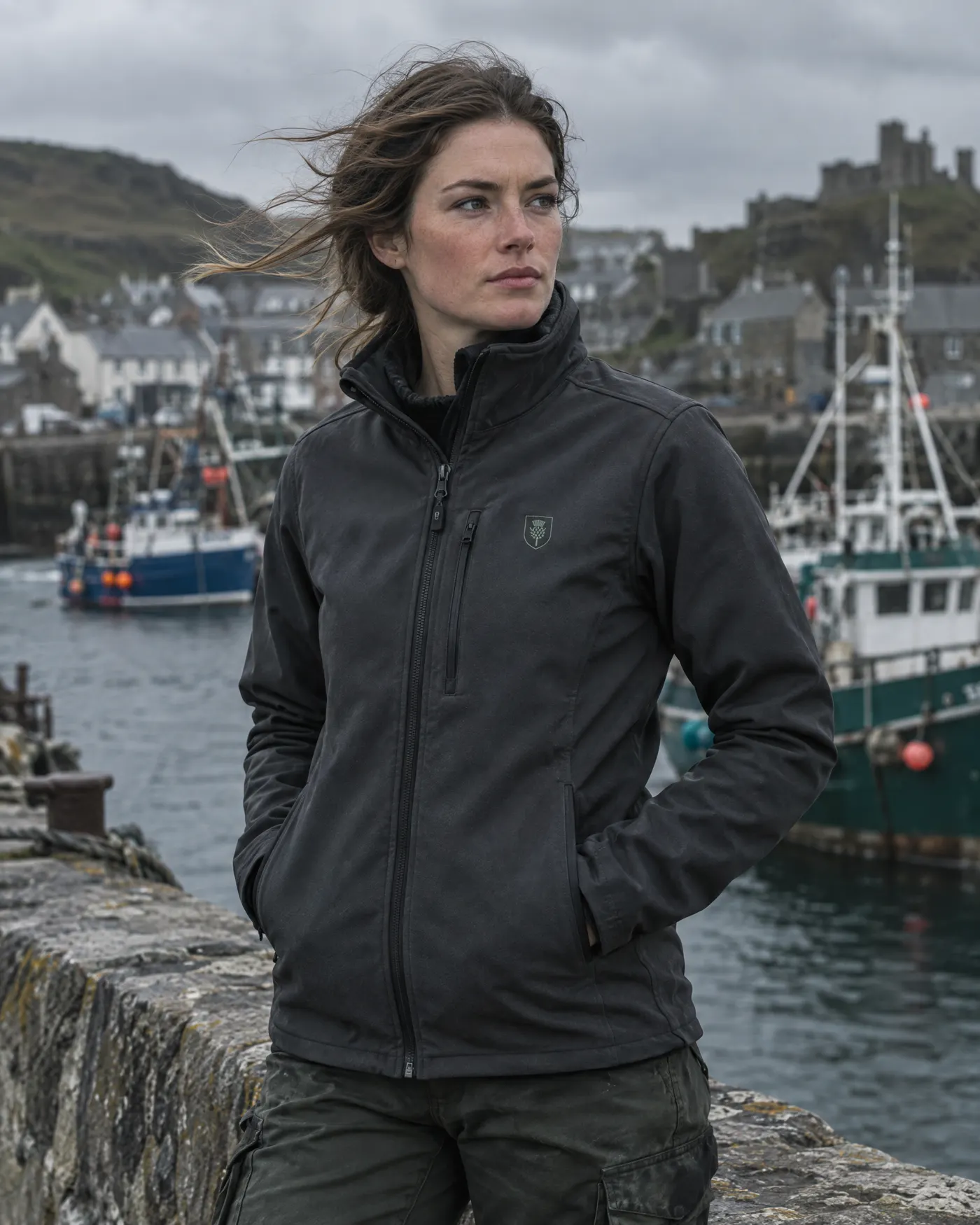 Person in a charcoal softshell jacket on a harbour wall with fishing boats behind