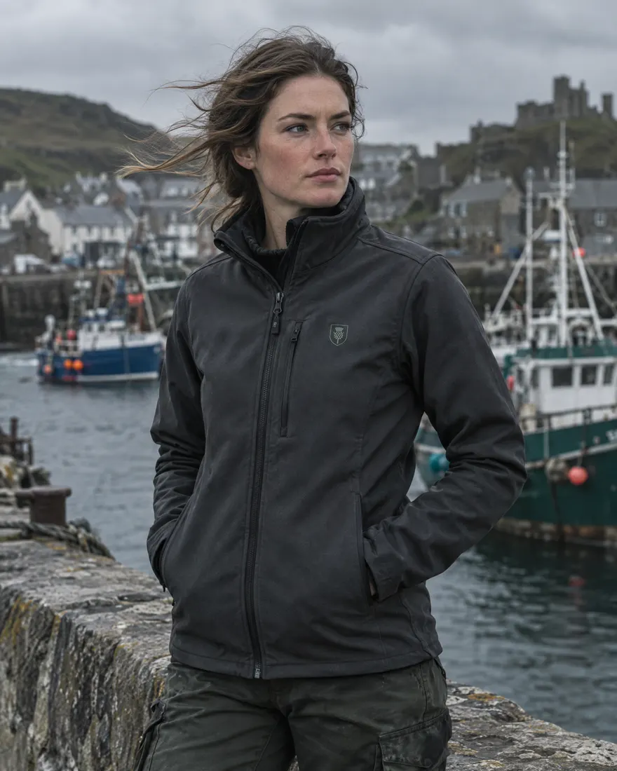 Person in a charcoal softshell jacket on a harbour wall with fishing boats behind