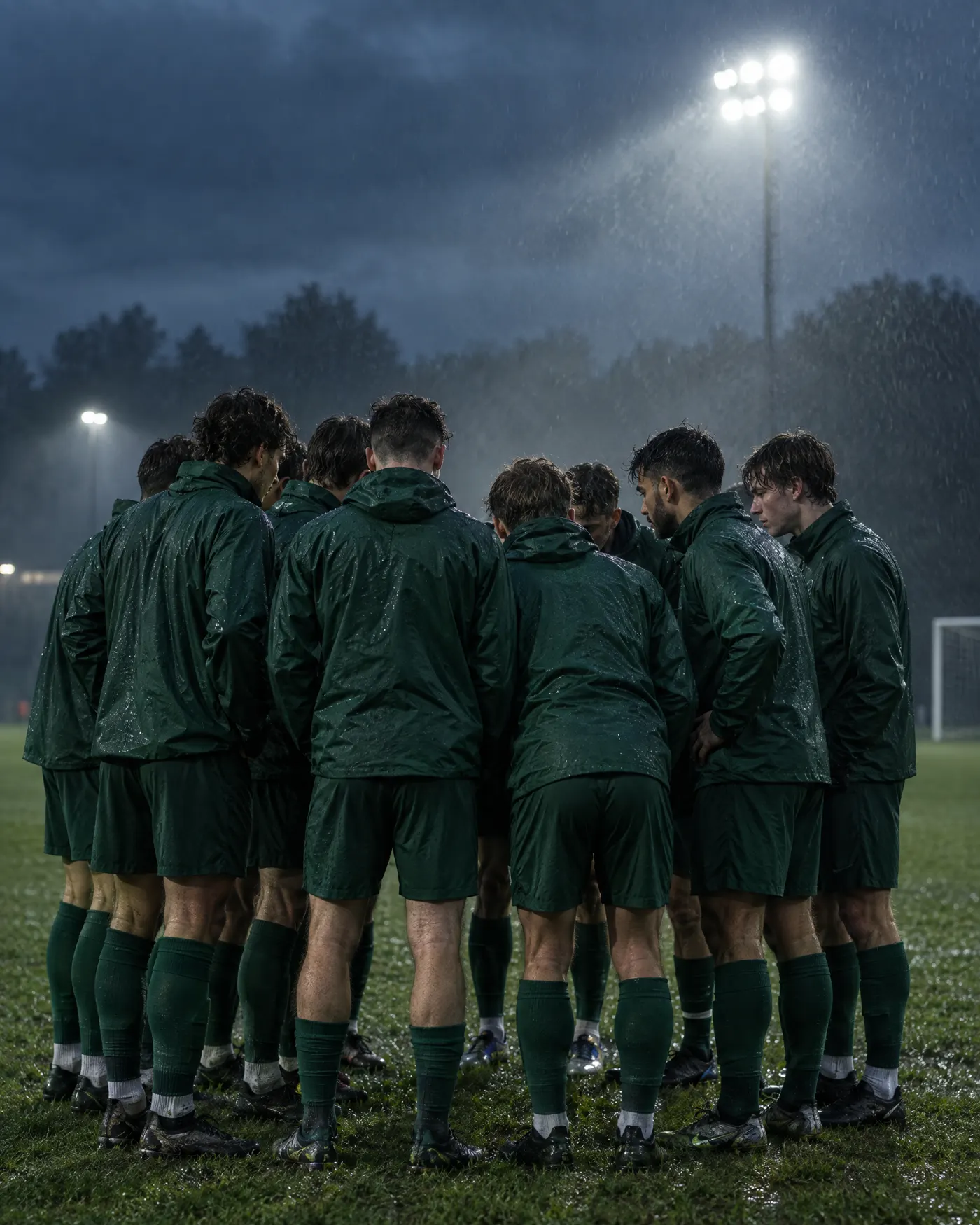 Football team in matching green training jackets huddled under floodlights