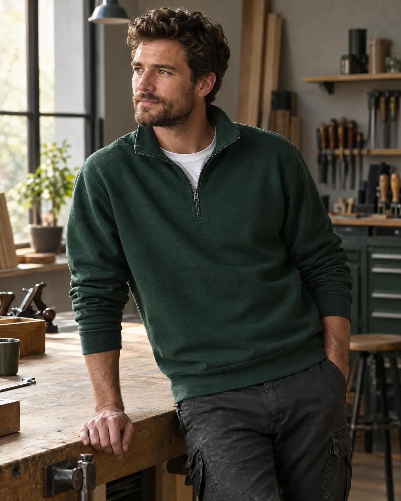 Tradesperson in a green quarter-zip sweatshirt in a workshop
